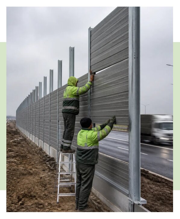 Монтаж шумозащитного забора вдоль дороги под ключ в Сатке